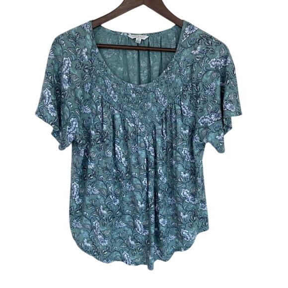 Lucky Brand Green and White Floral Scoop Neck Blouse - Large - Picture 1 of 4